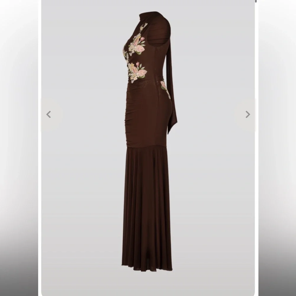 Anthropologie SAEMDI chocolate brown embroidered floral w neck scarf maxi large - Picture 8 of 16